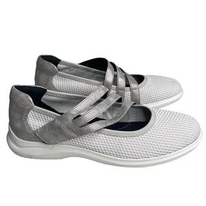 Aravon Womens 8B White Silver Knit Mary Jane Comfort Walking Shoes Hook Loop